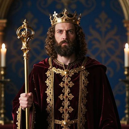 Medieval King in Ornate Royal Robe with Crown and Scepter
