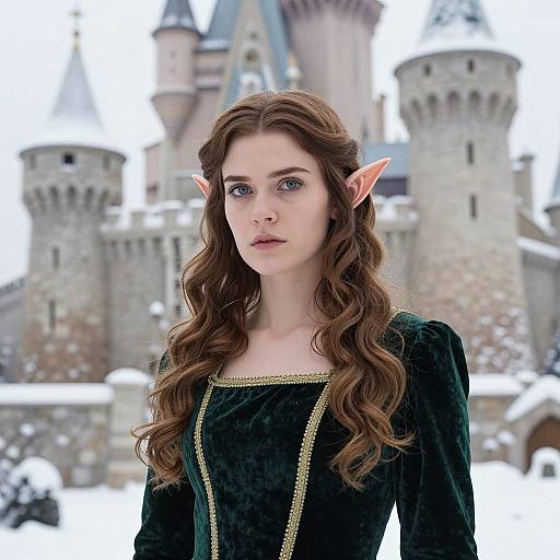 Woman Elf in Green Velvet Dress with Castle Snow Background