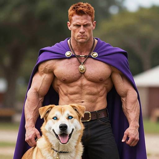 Muscular Man in Purple Cape with Blue-Eyed Dog Outdoors