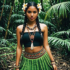 Polynesian Woman in Traditional Dress in Tropical Forest