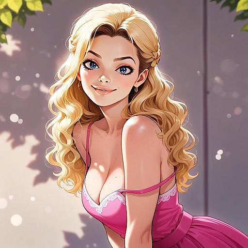 Blonde Woman in Pink Dress Digital Illustration Semi-Realistic Anime Style