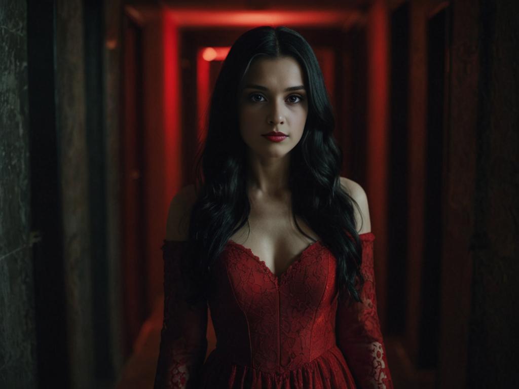 Woman in Red Dress with Black Hair and Red Eyes in Dark Hallway