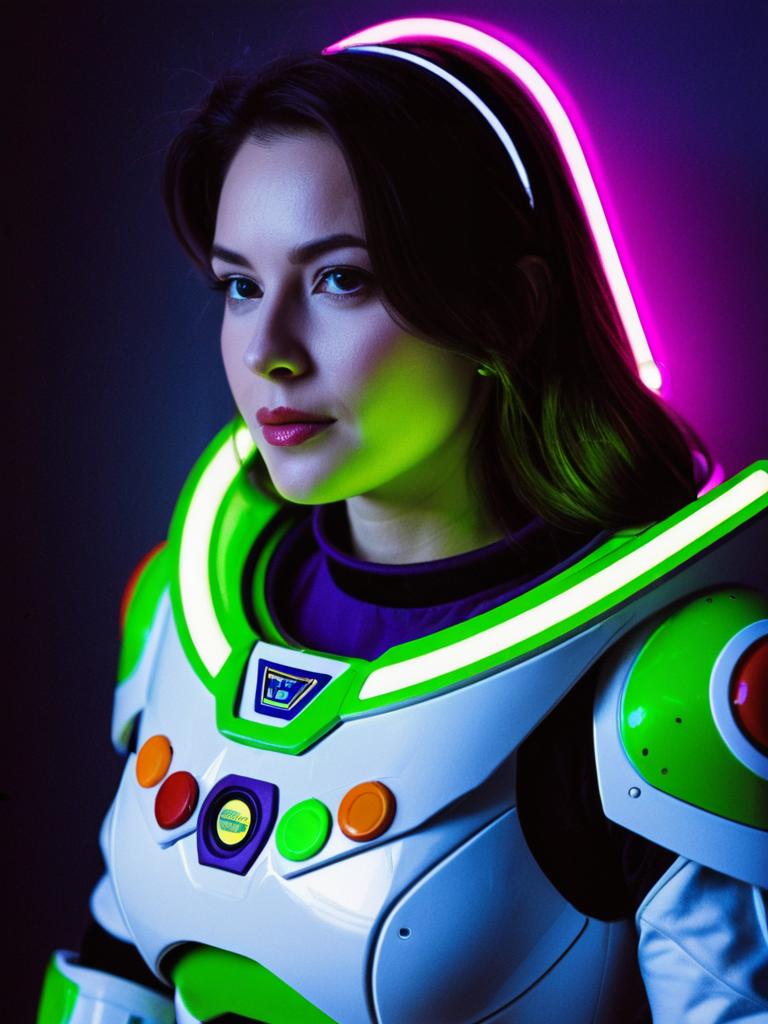 Woman in Buzz Lightyear Costume Waist Up Editorial Portrait with Neon Lighting