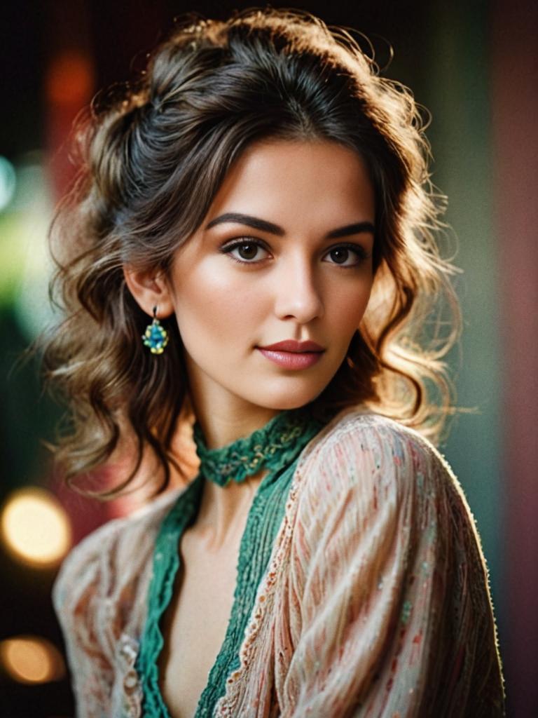 Elegant Woman with Curly Hair and Green Earrings in Vintage Style