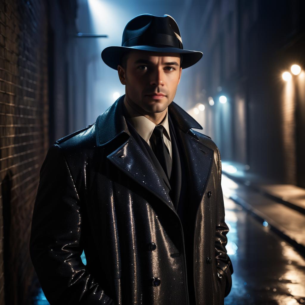 Stylish Man in Black Trench Coat and Fedora in Noir Setting