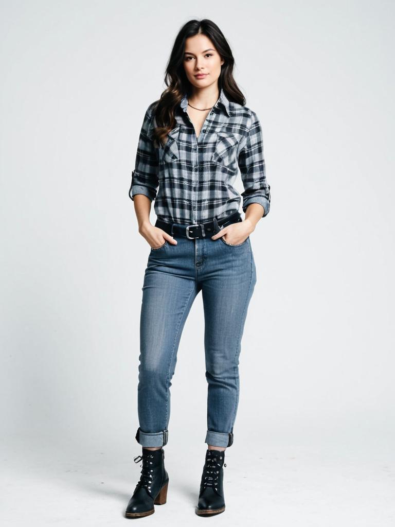 Woman in Casual Gray Plaid Flannel Shirt with Fitted Cut and Rolled Jeans