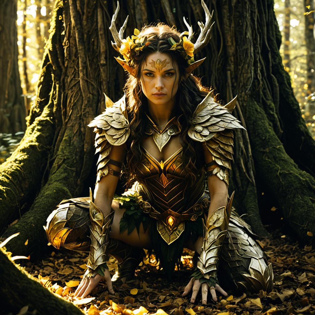 Fantasy Forest Warrior Woman in Golden Armor with Antlers