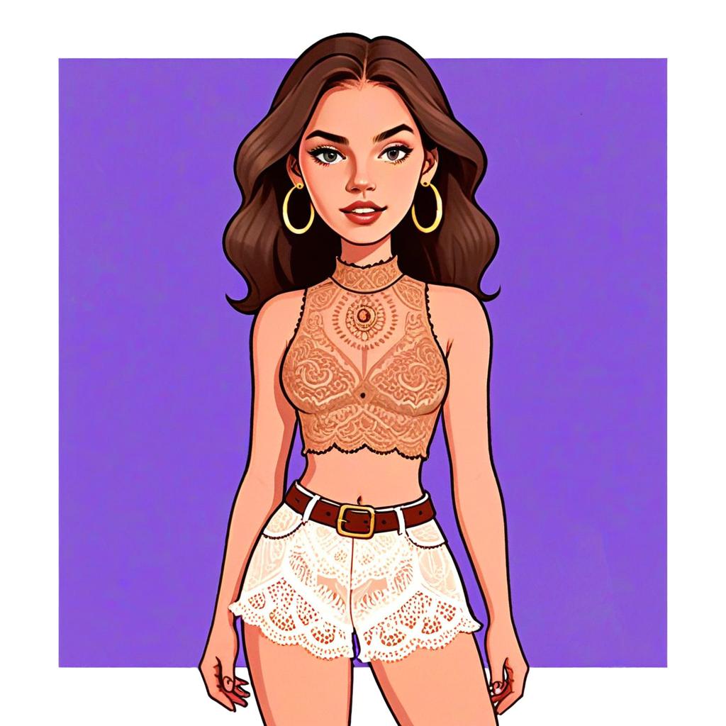 Bohemian Woman with Sheer Lace Top and Lace Shorts Digital Illustration