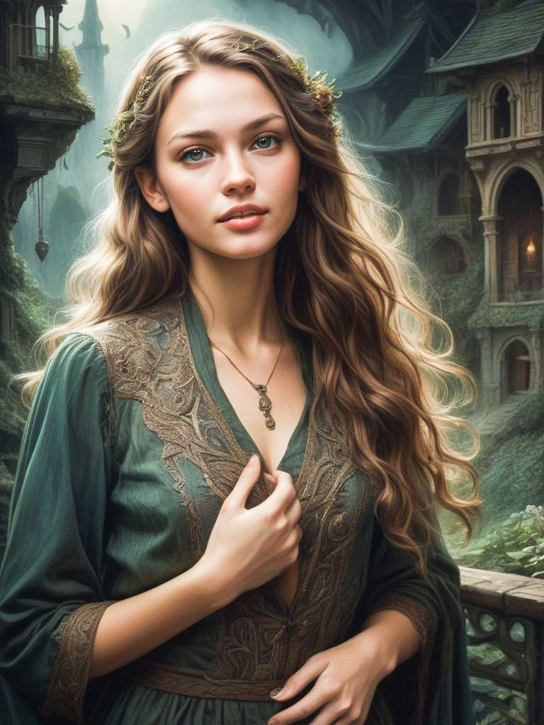 Young Woman in Green Medieval Gown on Stone Balcony