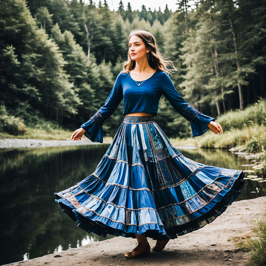 Woman Twirling by Serene River in Blue Skirt