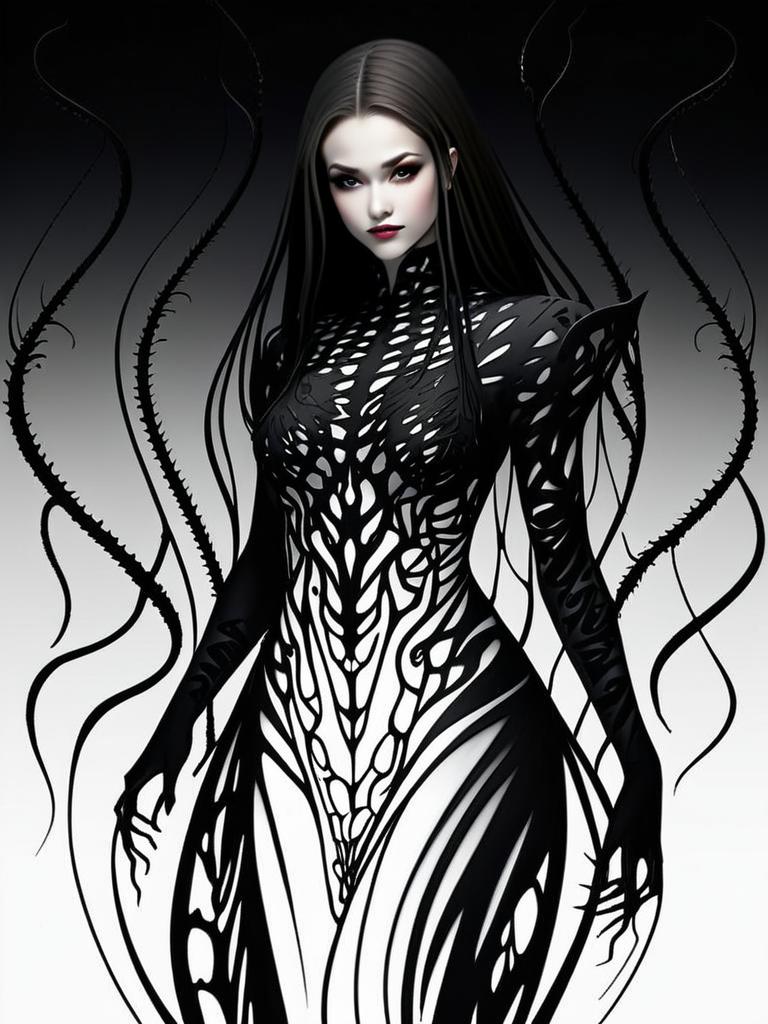 Dark Gothic Fantasy Woman in Intricate Black Bodysuit Digital Art