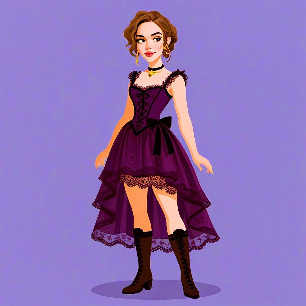 Woman in Victorian Style Sleeveless Purple Dress with Lace and Boots