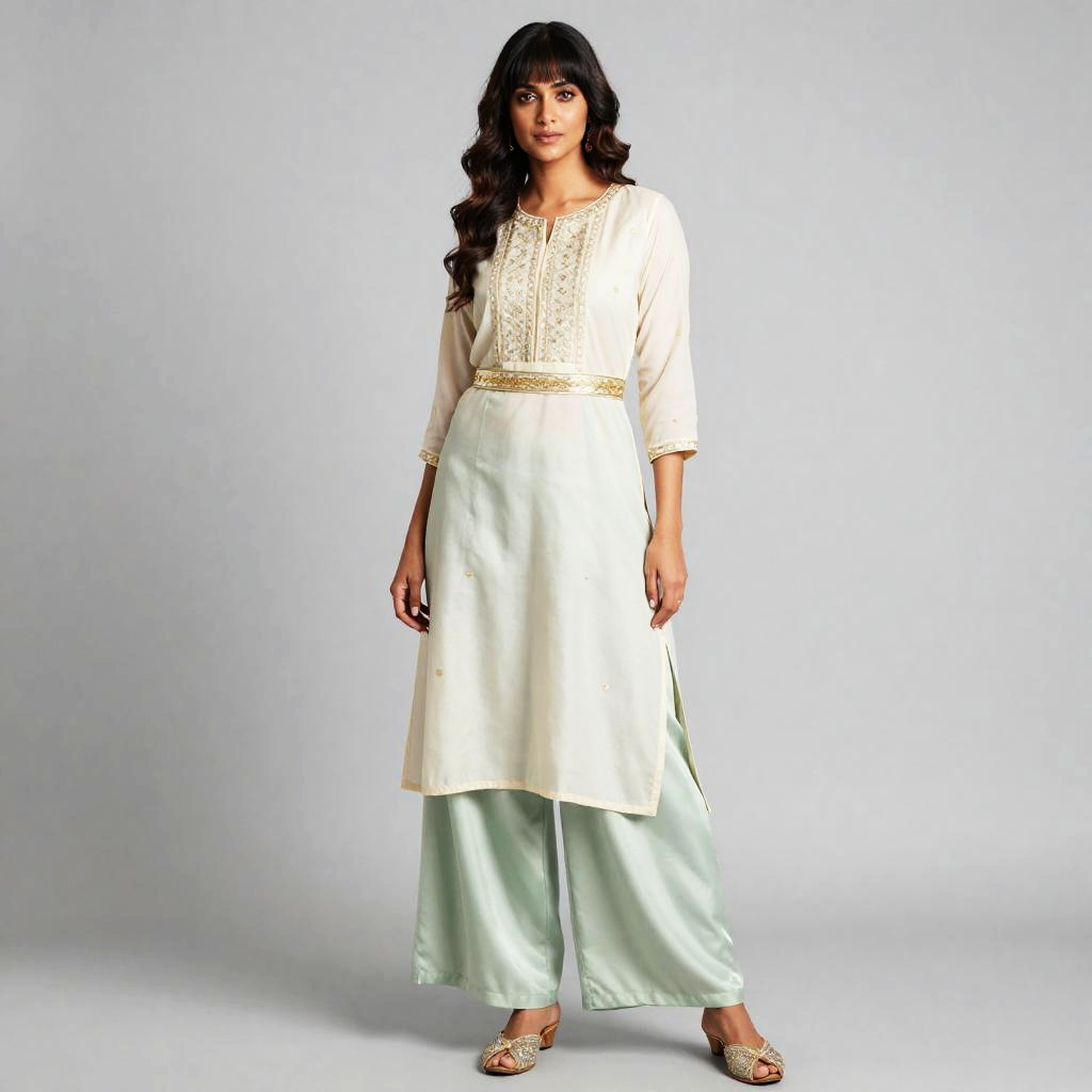 Elegant Cream Kurta with Gold Embroidery and Mint Palazzo Pants for Women