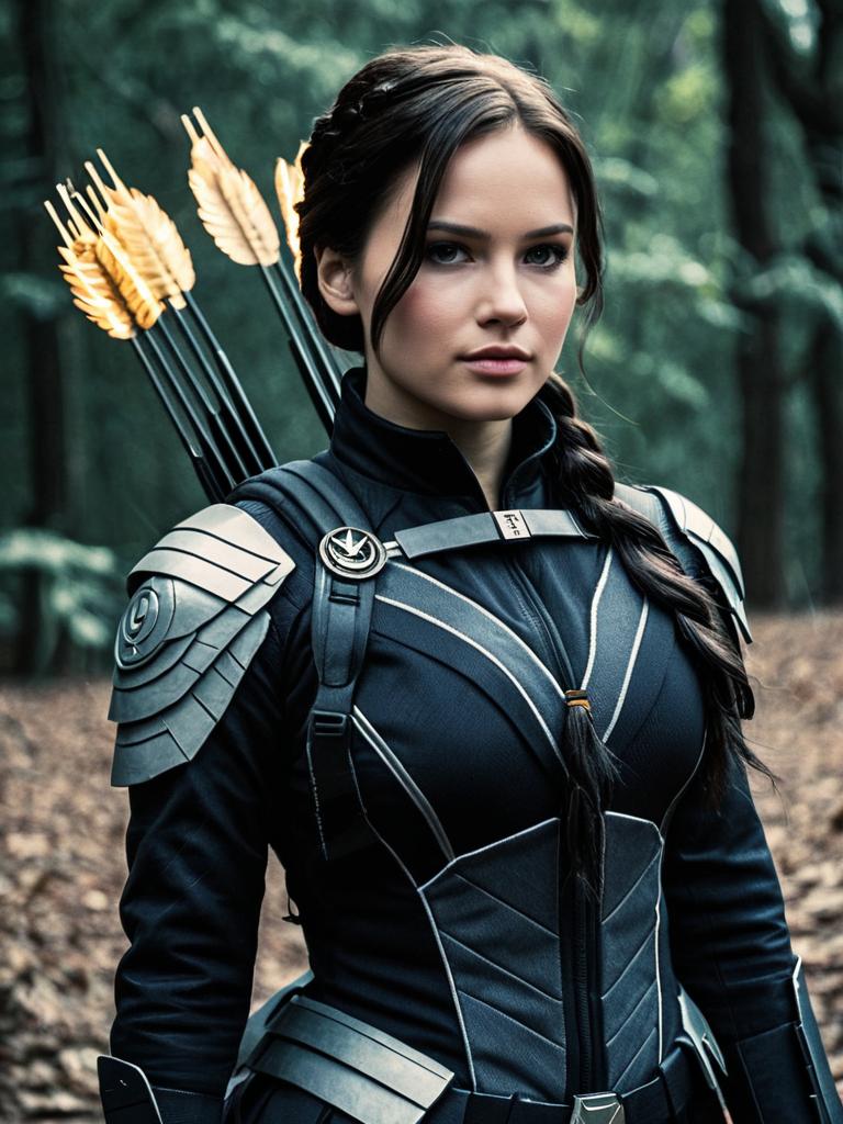 Woman in Photorealistic Hunger Games Mockingjay Cosplay Costume with Bow and Arrows