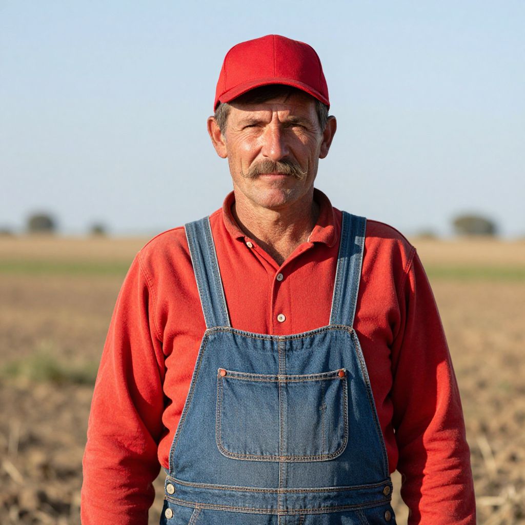 Portrait of Farmer in Red Cap and Denim Overalls in Agricultural Field