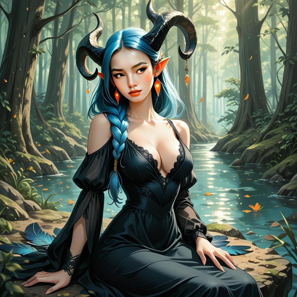 Fantasy Woman with Blue Hair and Horns in Black Dress by Forest Stream