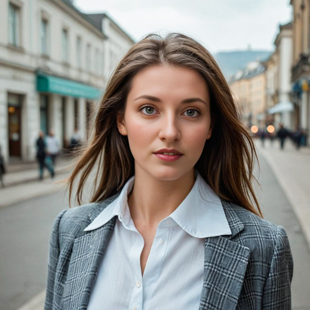 Confident Young Woman in Stylish Blazer on City Street