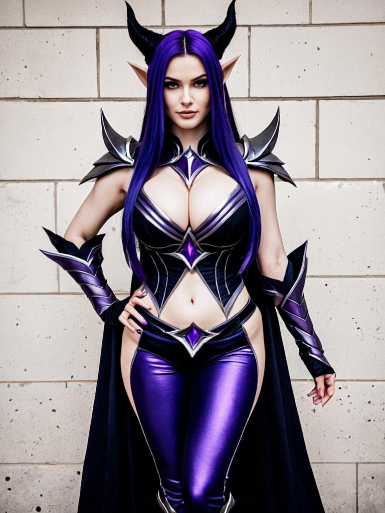 Morgana League of Legends Cosplay Woman in Detailed Purple Armor