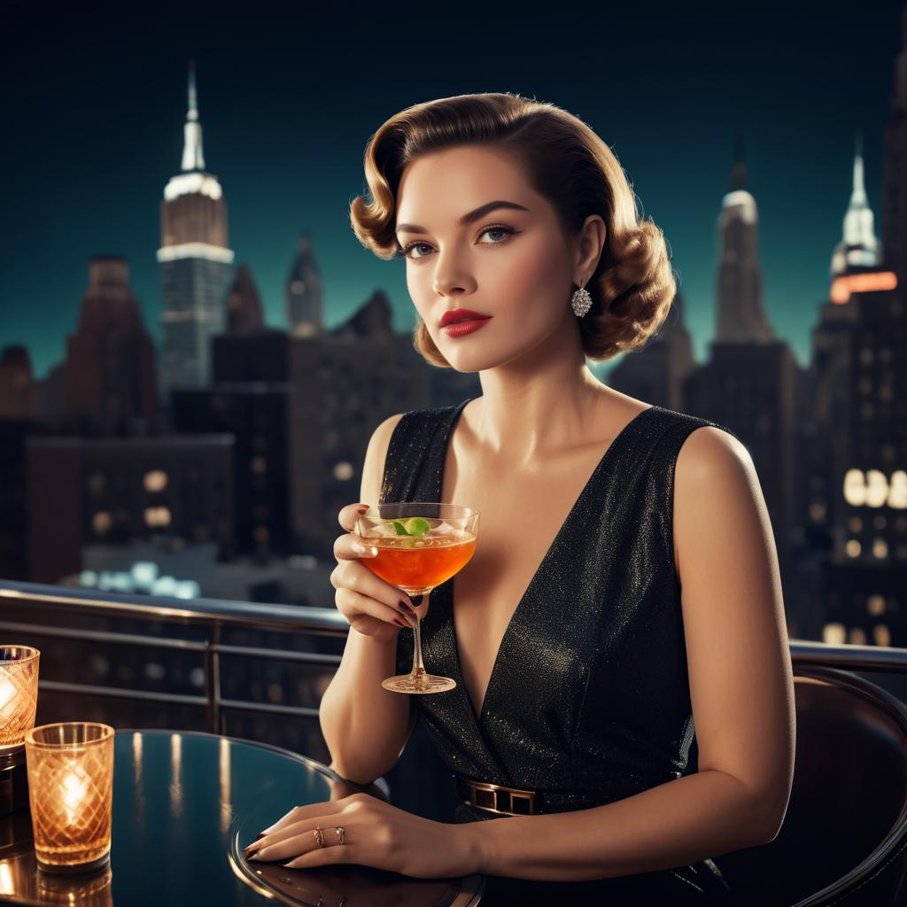 Sophisticated Woman with Cocktail in Glamorous City Skyline