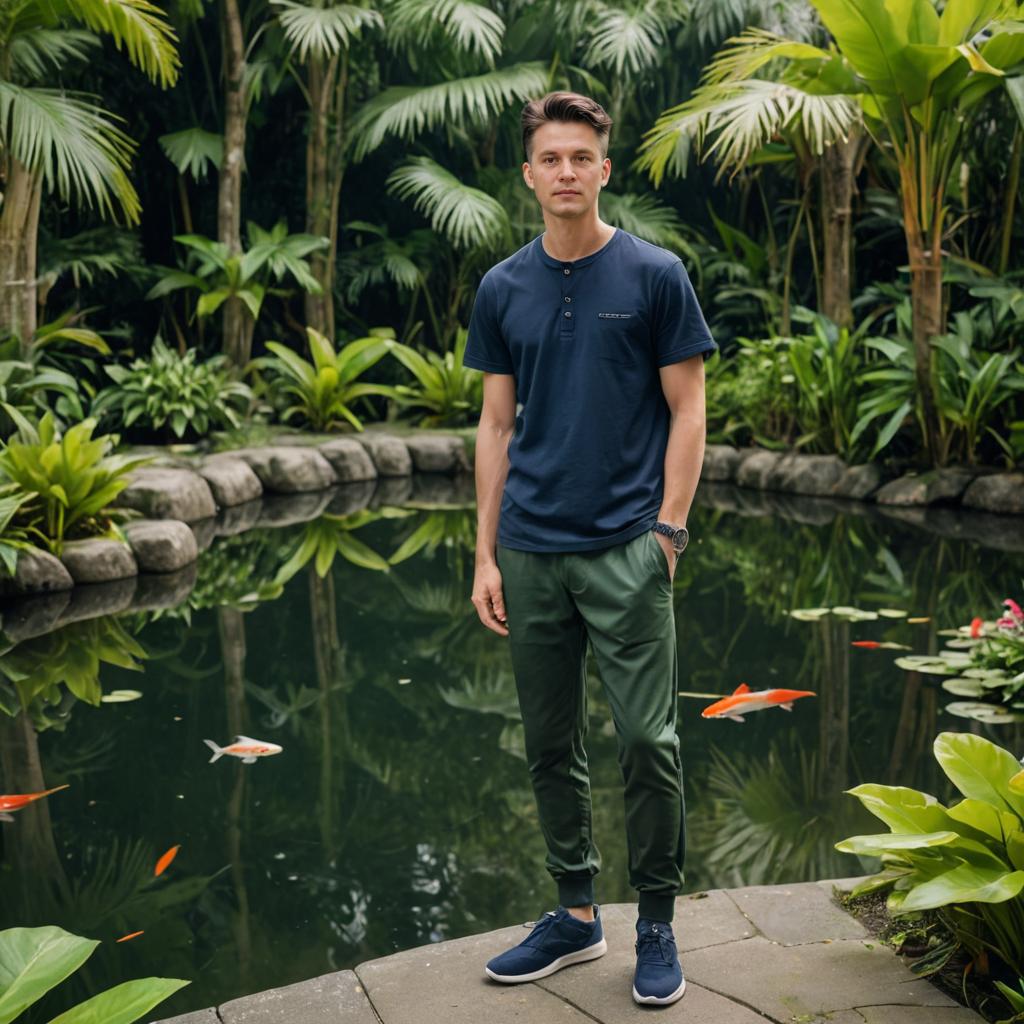 Man in Tropical Garden with Koi Pond