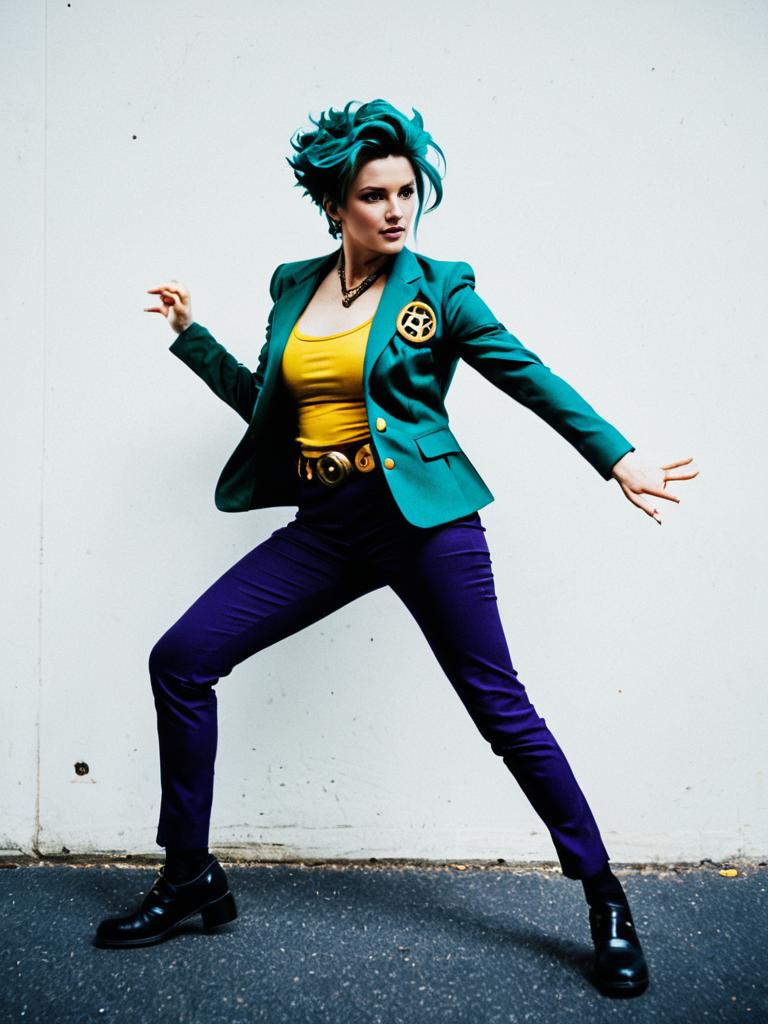 Confident Woman with Teal Hair in Bold Fashion Pose Against White Wall
