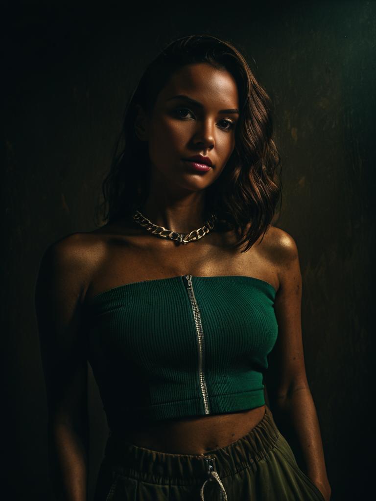 Woman in Streetwear Black Cropped Tube Top with Central Zipper