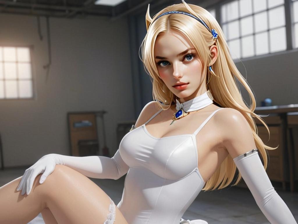 Elegant Blonde Princess Digital Illustration in White Gown with Blue Gemstones