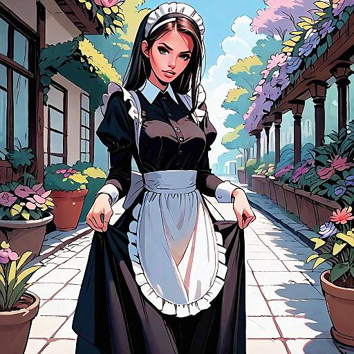 Digital Art of Woman in Classic Maid Outfit in Flower Garden Corridor