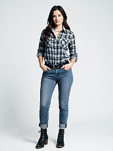 Woman in Casual Gray Plaid Flannel Shirt with Fitted Cut and Rolled Jeans
