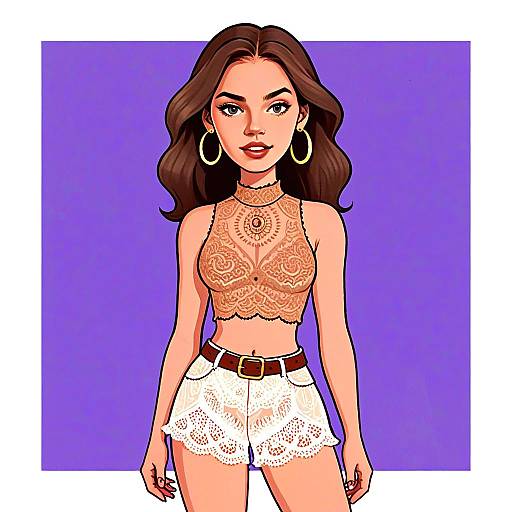 Bohemian Woman with Sheer Lace Top and Lace Shorts Digital Illustration