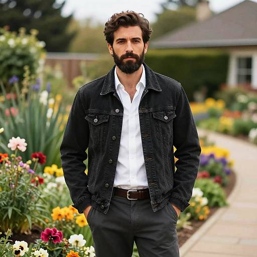 Man Wearing Black Denim Jacket in Flower Garden Outdoor