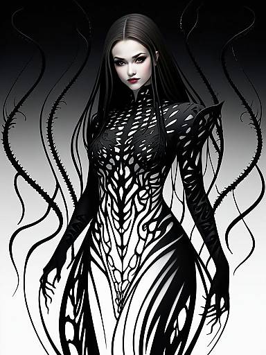 Dark Gothic Fantasy Woman in Intricate Black Bodysuit Digital Art