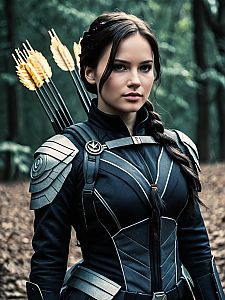 Woman in Photorealistic Hunger Games Mockingjay Cosplay Costume with Bow and Arrows