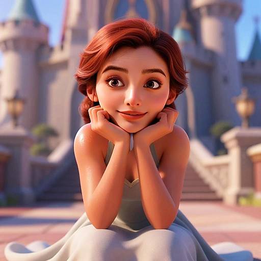 3D Rendered Young Woman Smiling in Front of Fairytale Castle