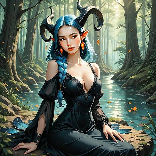 Fantasy Woman with Blue Hair and Horns in Black Dress by Forest Stream