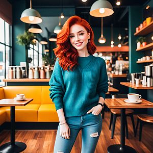 Stylish woman with red hair in cozy café