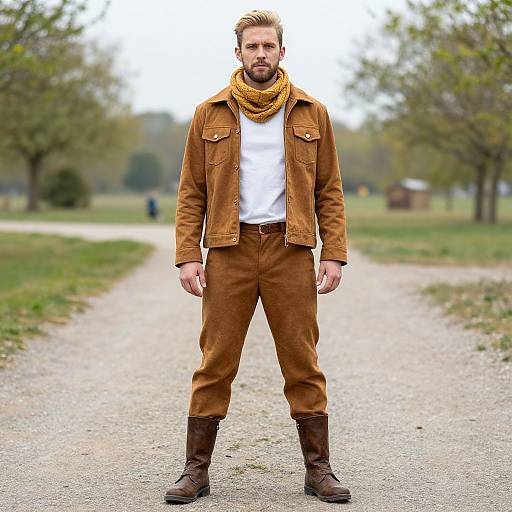 Man in Brown Suede Outfit and Yellow Scarf Standing Outdoors