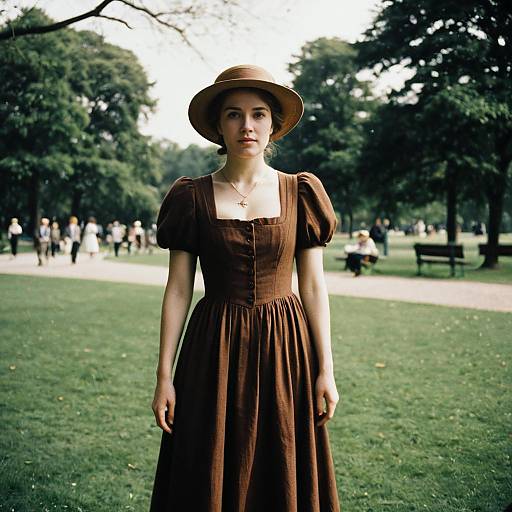 Anne Avonlea Woman in Brown Vintage Dress and Hat Standing in Park