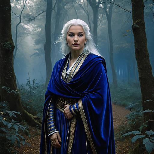 Fantasy Woman in Royal Blue Medieval Gown in Misty Forest