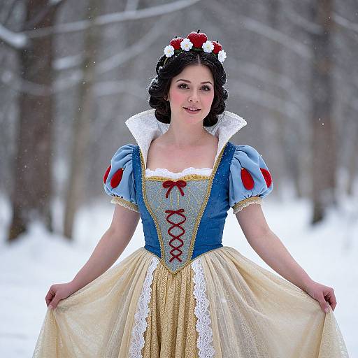 Snow White Woman in Classic Costume in Snowy Forest