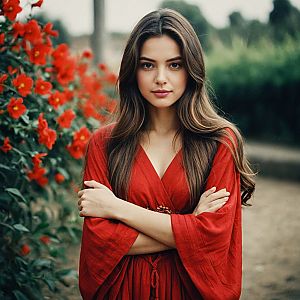 Young Woman in Red Kaftan with Flowers
