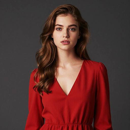 Portrait of Woman in Red Dress with Long Wavy Hair on Dark Background