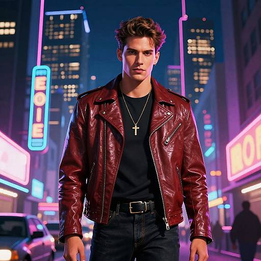 Stylish Young Man Wearing Red Leather Jacket in Neon City Night - Gen Z Fashion