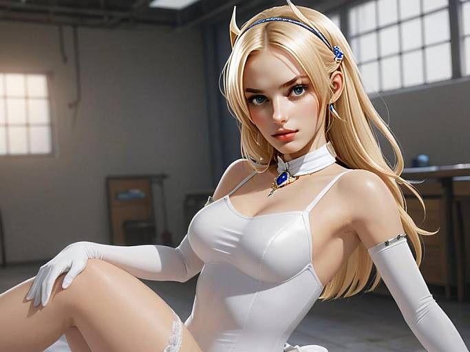 Elegant Blonde Princess Digital Illustration in White Gown with Blue Gemstones