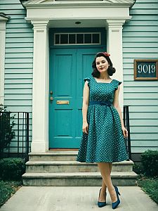 Vintage Style Woman in Teal Polka Dot Dress Birthday Photo Shoot at Home