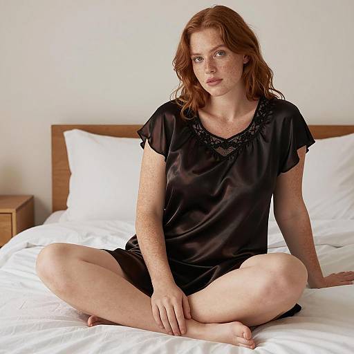 Red Haired Woman in Black Satin Nightdress Sitting on Bed