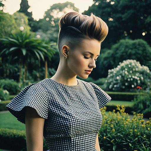 Woman with Pompadour Hairstyle in Lush Garden Wearing Checkered Dress