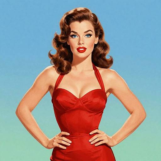 Vintage Pin-Up Woman in Red Dress with Classic 1950s Style