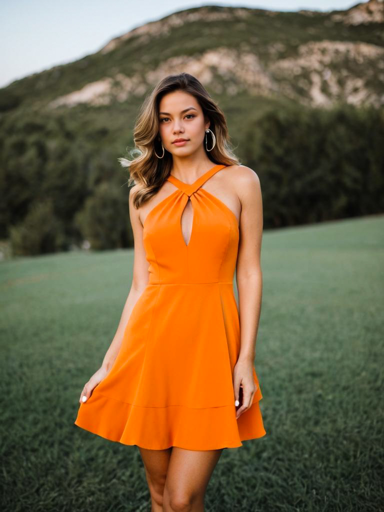 Woman in Vibrant Orange Dress Against Nature