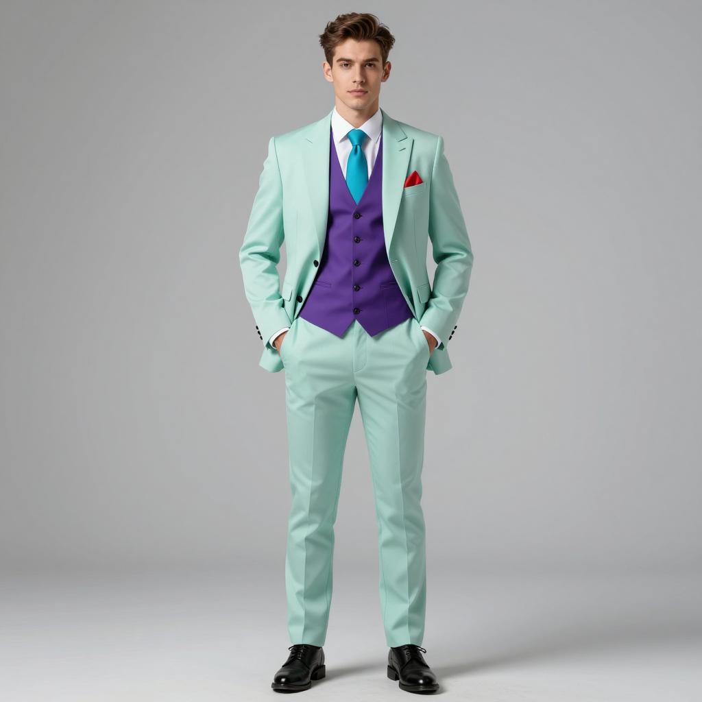 Young Man Wearing Stylish Mint Green Suit with Purple Vest and Turquoise Tie